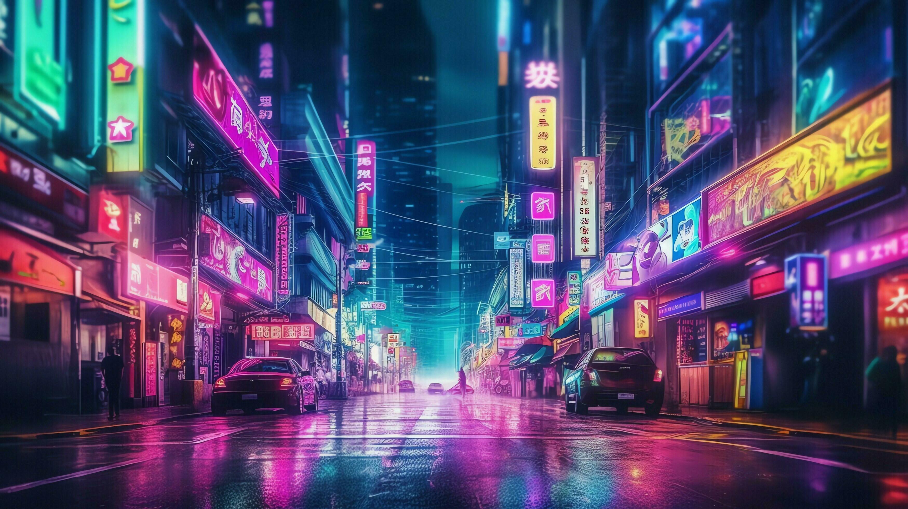 Night scene of after rain city in cyberpunk style, futuristic nostalgic  80s, 90s. Neon lights vibrant colors, photorealistic horizontal  illustration. ai generated 25938748 Stock Photo at Vecteezy