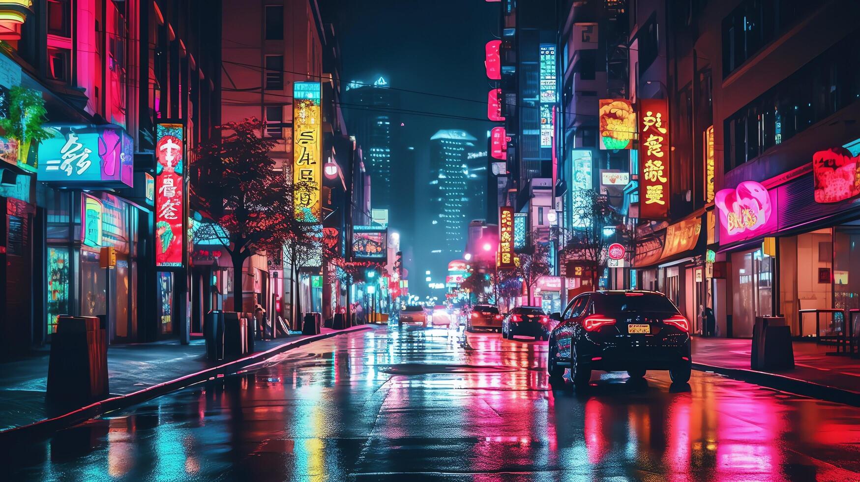 Night scene of after rain city in cyberpunk style, futuristic nostalgic 80s, 90s. Neon lights vibrant colors, photorealistic horizontal illustration. ai generated photo