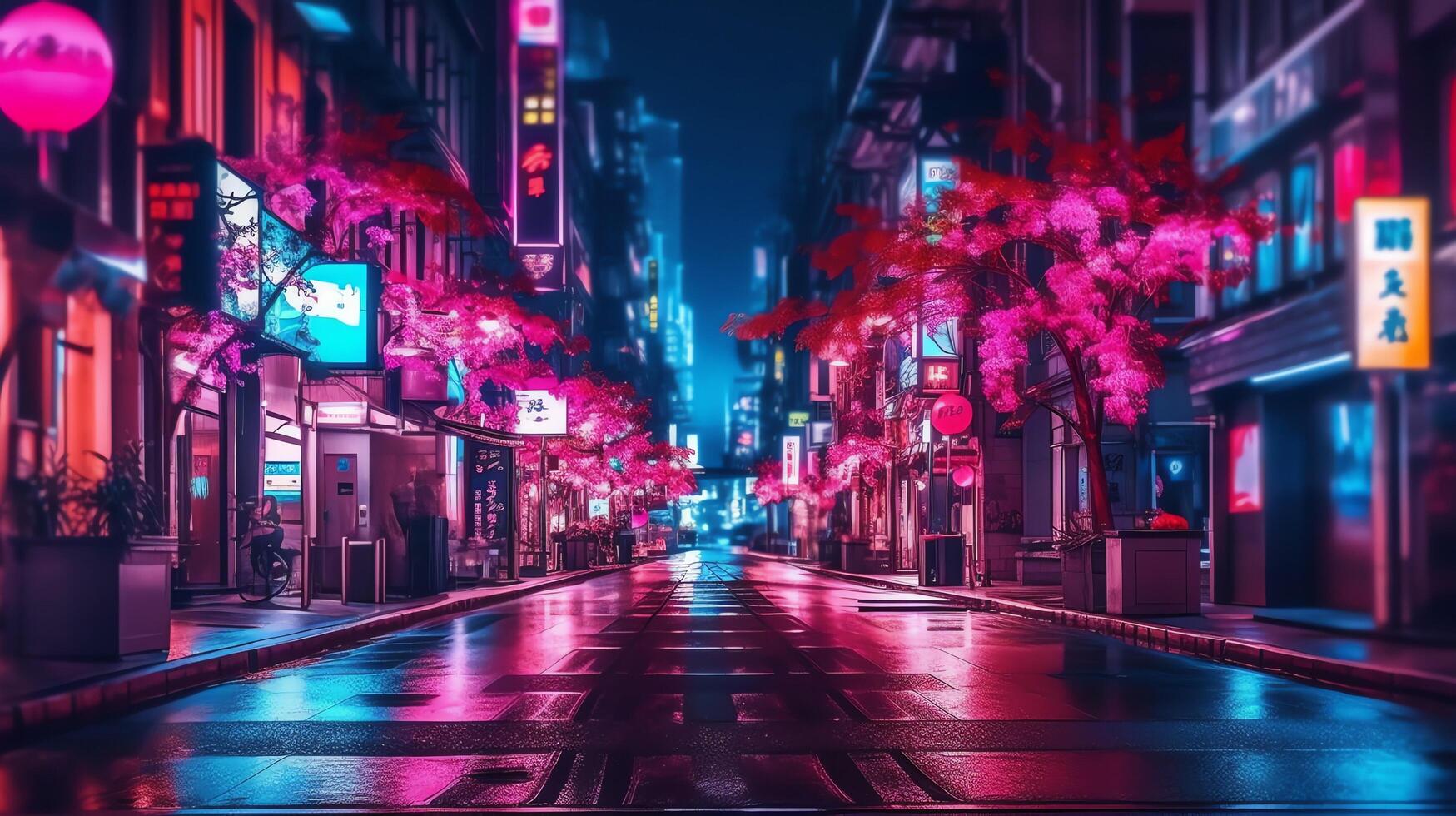 Night scene of after rain city in cyberpunk style, futuristic nostalgic 80s, 90s. Neon lights vibrant colors, photorealistic horizontal illustration. ai generated photo