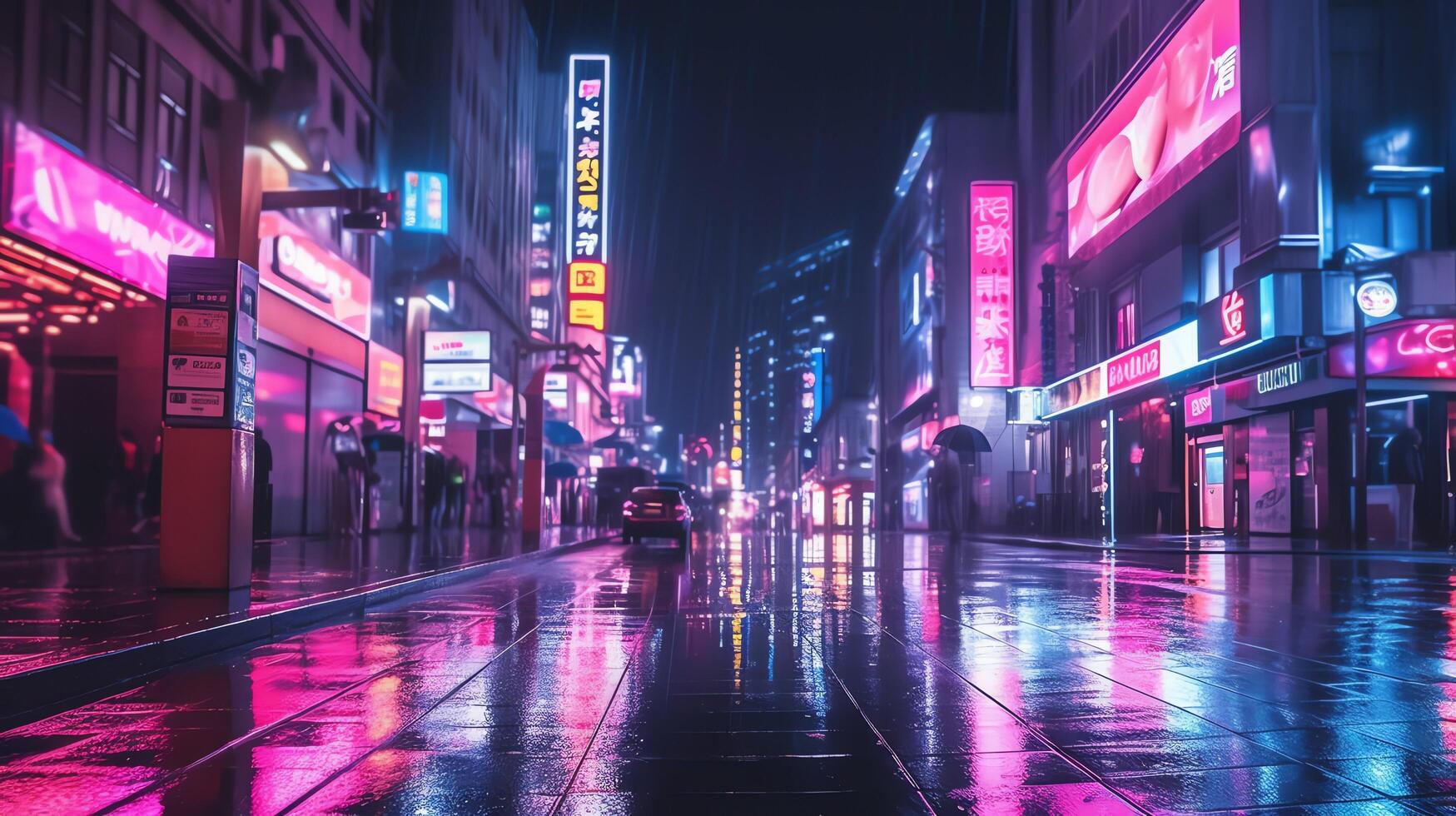 Night scene of after rain city in cyberpunk style, futuristic nostalgic 80s, 90s. Neon lights vibrant colors, photorealistic horizontal illustration. ai generated photo