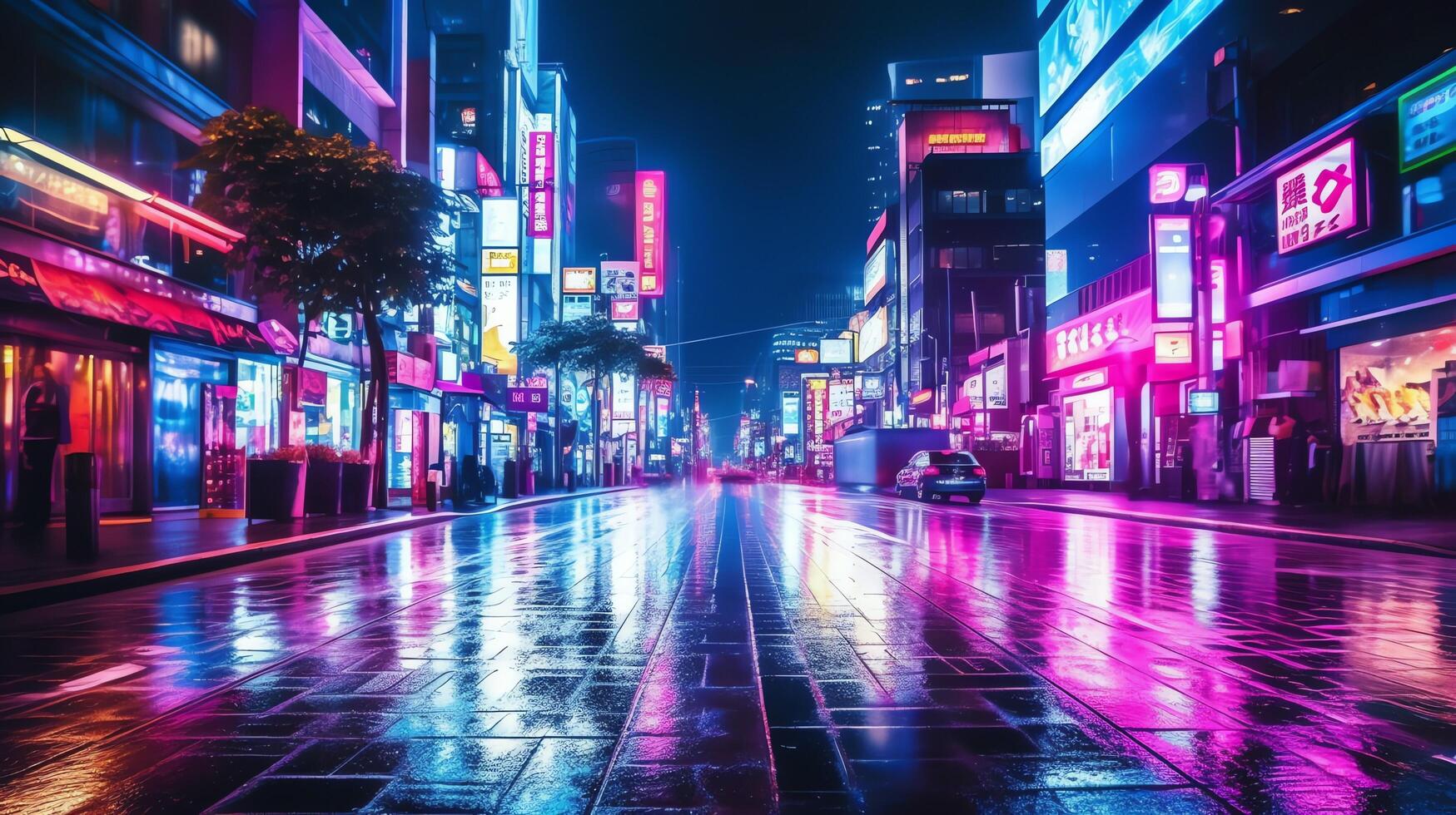 Night scene of after rain city in cyberpunk style, futuristic nostalgic 80s, 90s. Neon lights vibrant colors, photorealistic horizontal illustration. ai generated photo