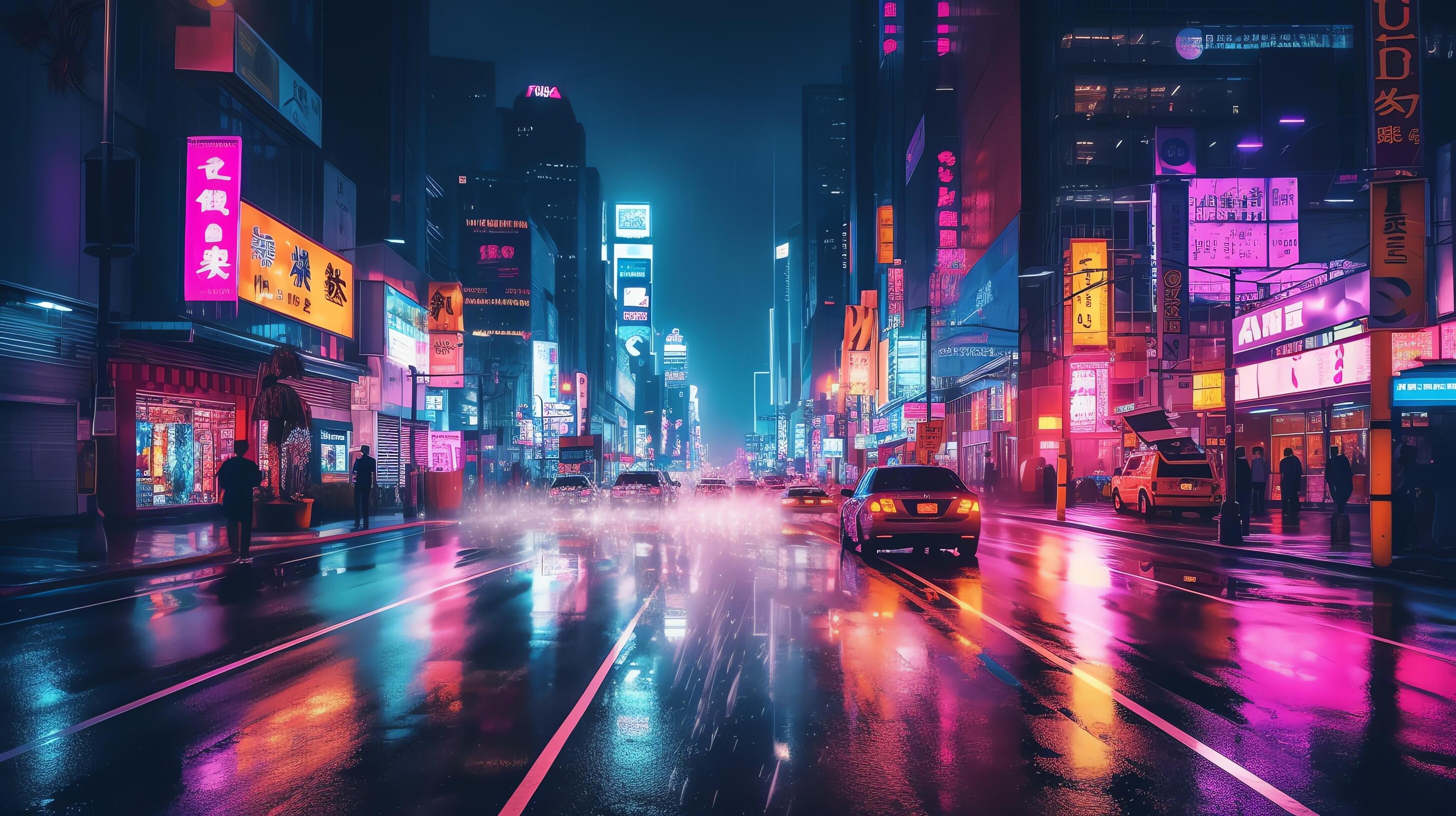 Cyberpunk neon city street at night. Futuristic city scene in a