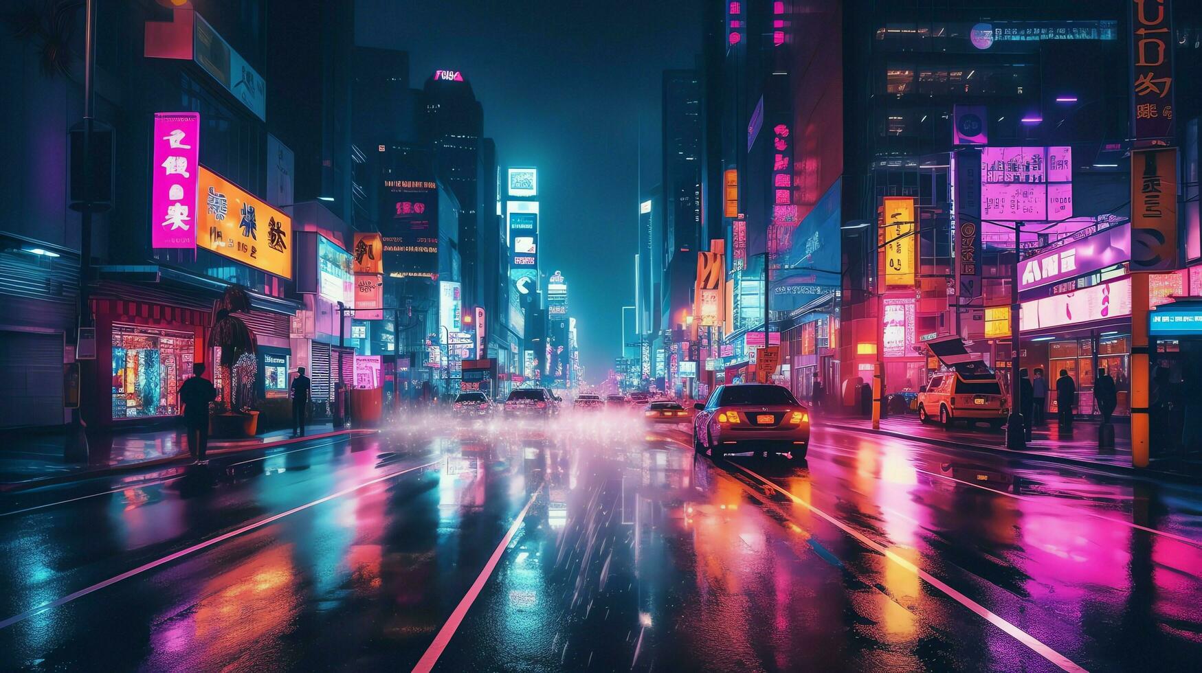 Night scene of after rain city in cyberpunk style, futuristic nostalgic 80s, 90s. Neon lights vibrant colors, photorealistic horizontal illustration. ai generated photo