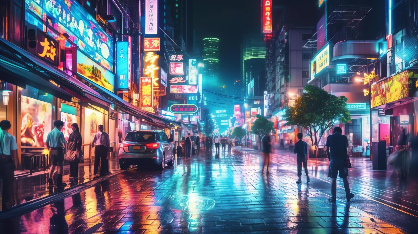 Generative AI, Night scene of after rain city in cyberpunk style,  futuristic nostalgic 80s, 90s. Neon lights vibrant colors, photorealistic  vertical illustration. 28891087 Stock Photo at Vecteezy