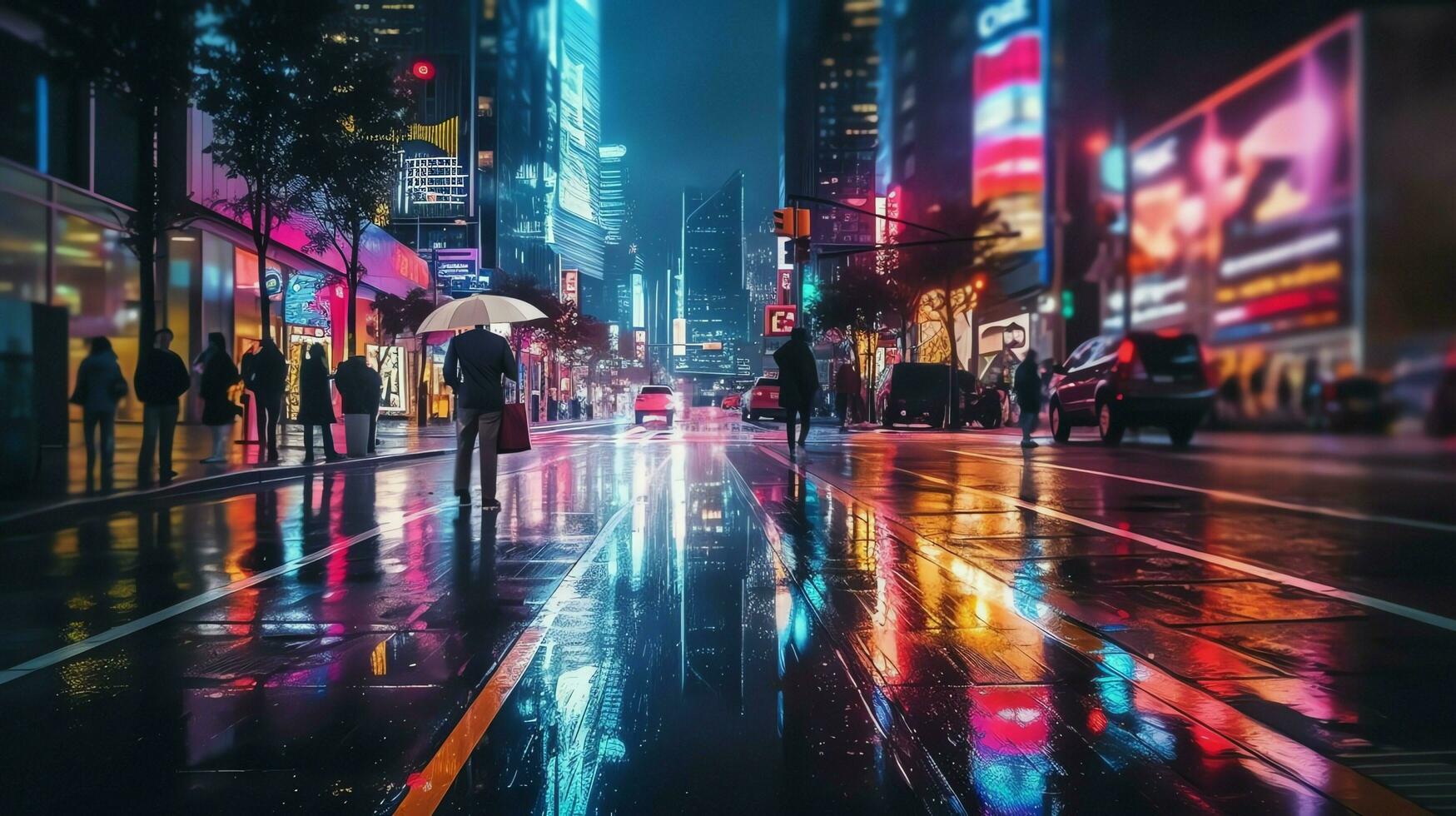 Night scene of after rain city in cyberpunk style, futuristic nostalgic 80s, 90s. Neon lights vibrant colors, photorealistic horizontal illustration. ai generated photo