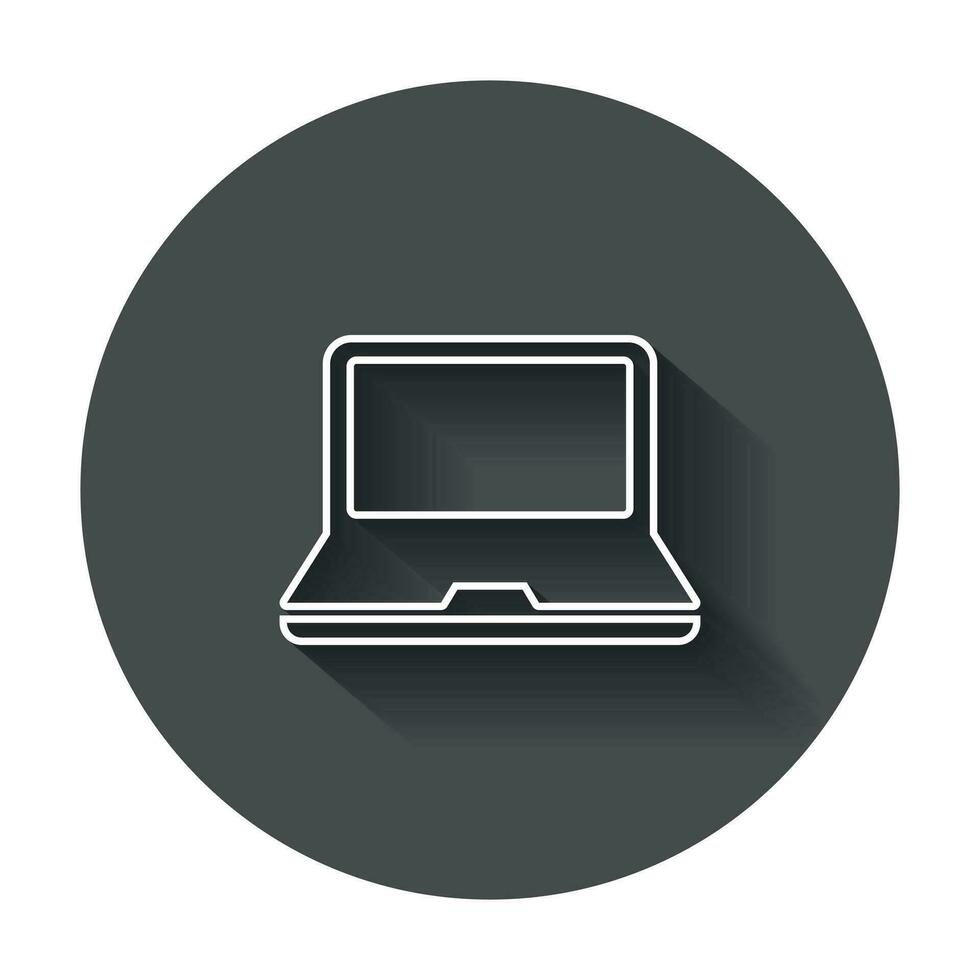 Computer notebook vector illustration in line style. Monitor flat icon with long shadow.