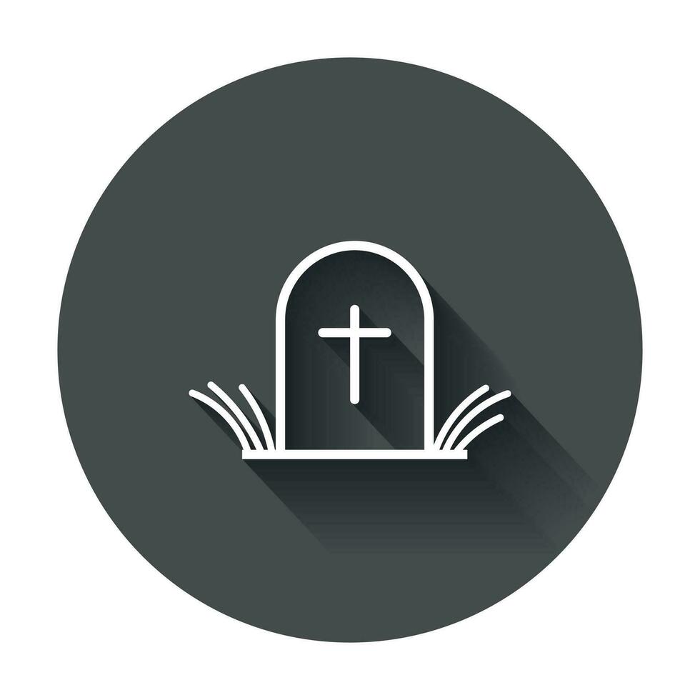 Halloween grave icon in line style. Gravestone vector illustration. Rip tombstone flat icon with long shadow.