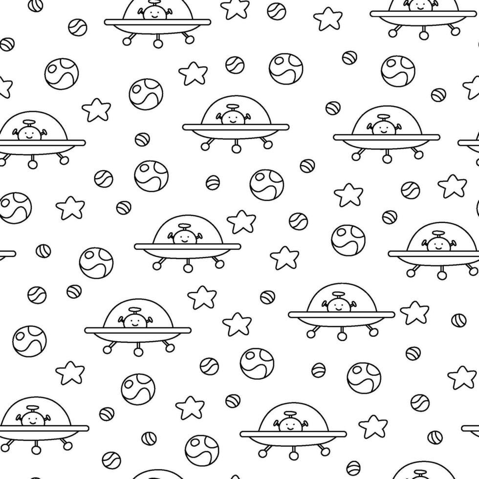 Black and white pattern with an alien on a flying saucer in space vector