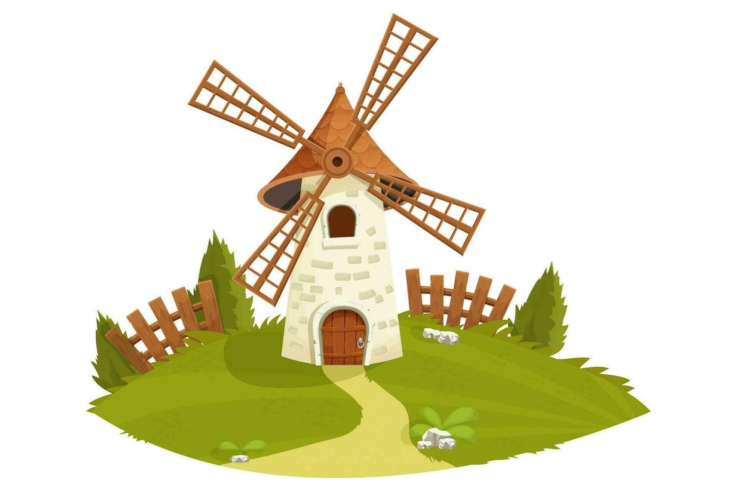 Windmill fairy with wooden fence, grass, trees, farming landscape in cartoon style isolated on white background. Retro, rural building, tower with wooden propeller. vector