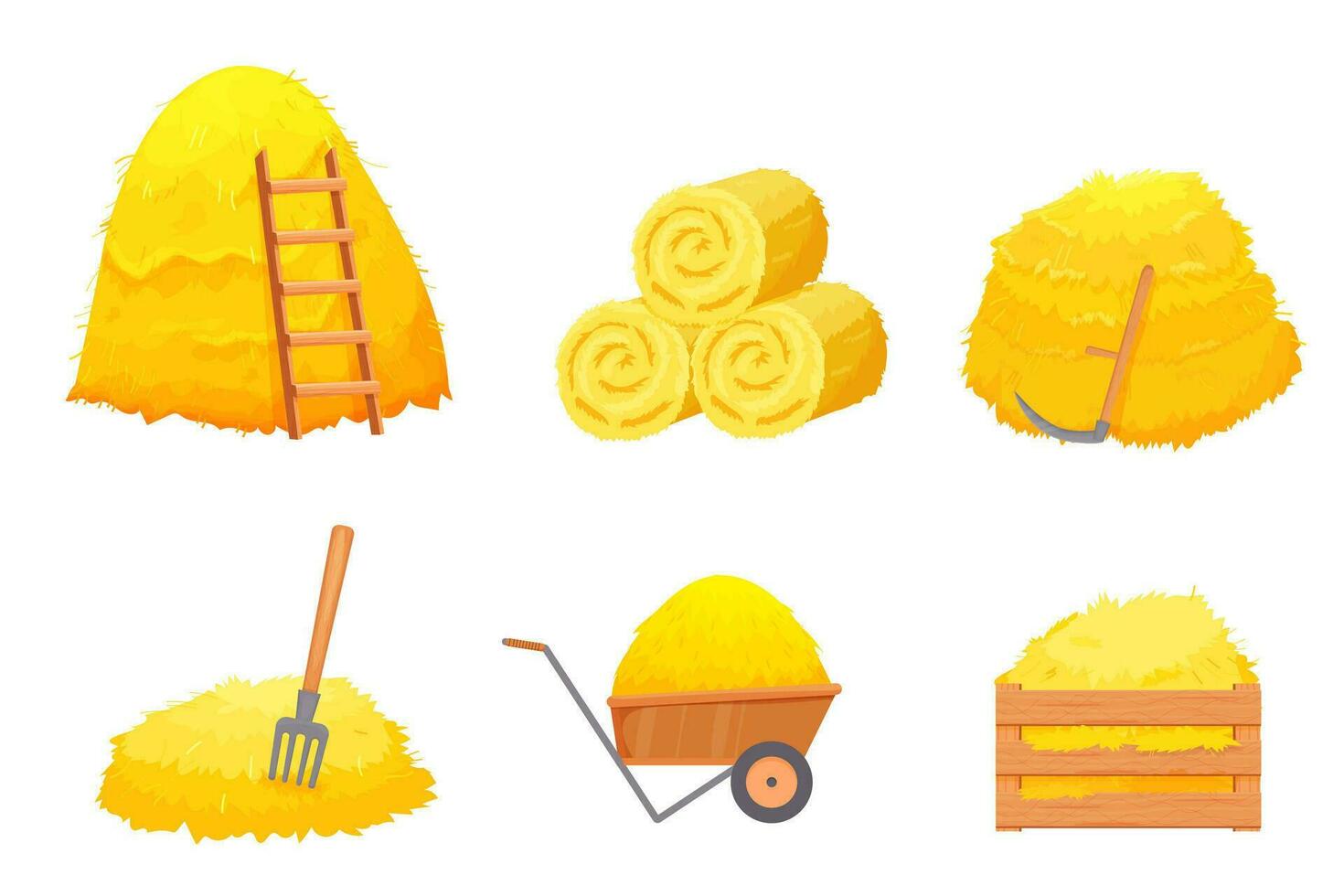 Set of Dry bale of hay with ladder, wooden box, scythe, pitchfork in cartoon style vector