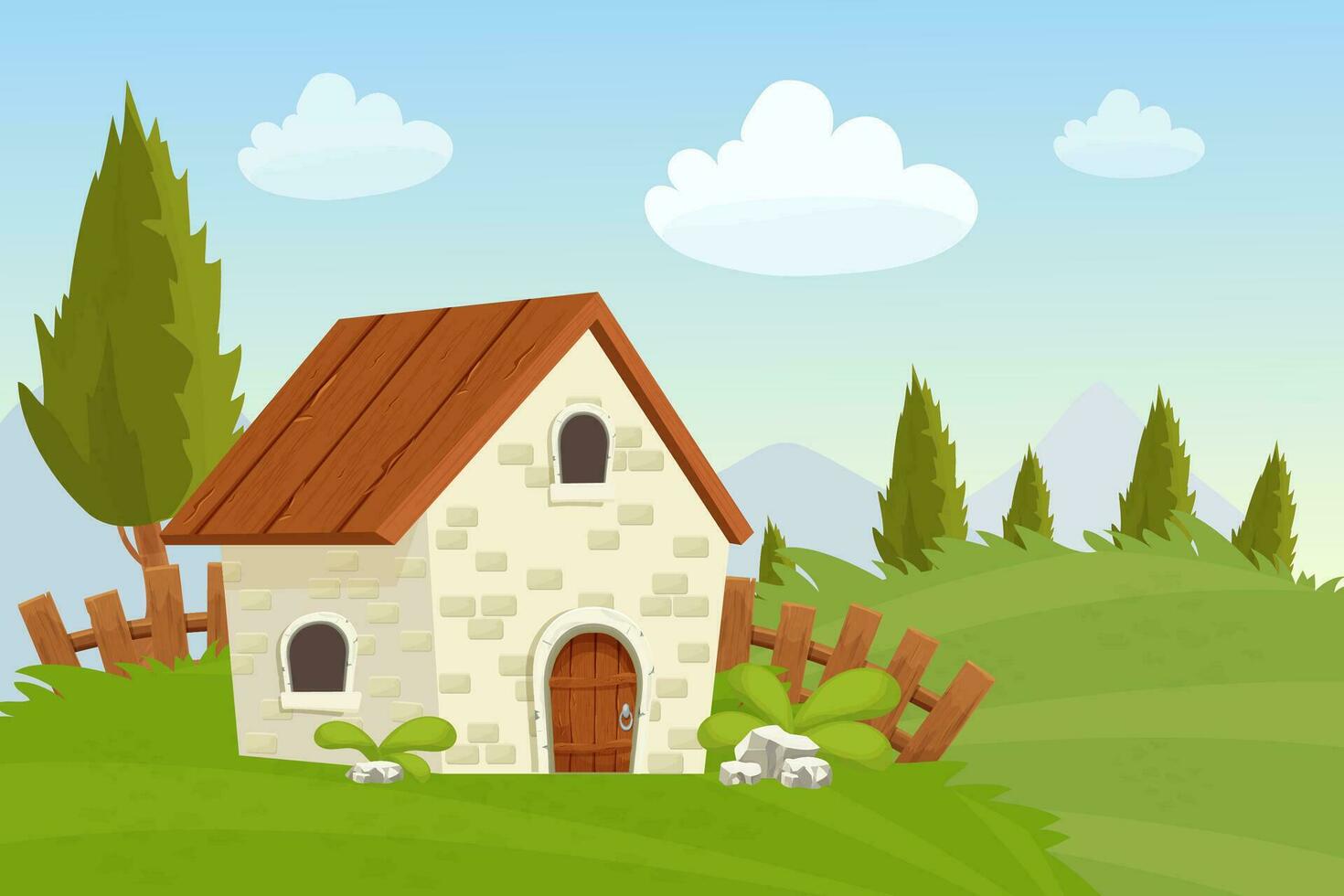 Fairy house from stone, landscape with wooden fence, grass, trees, farming in cartoon style vector