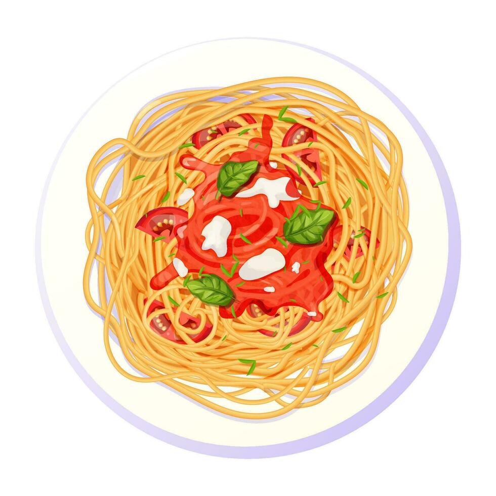 espaguetis pasta en plato con tomates, albahaca, queso Mozzarella en dibujos animados estilo parte superior ver detallado y texturizado aislado en blanco antecedentes. alimento, italiano cocina. vector ilustración