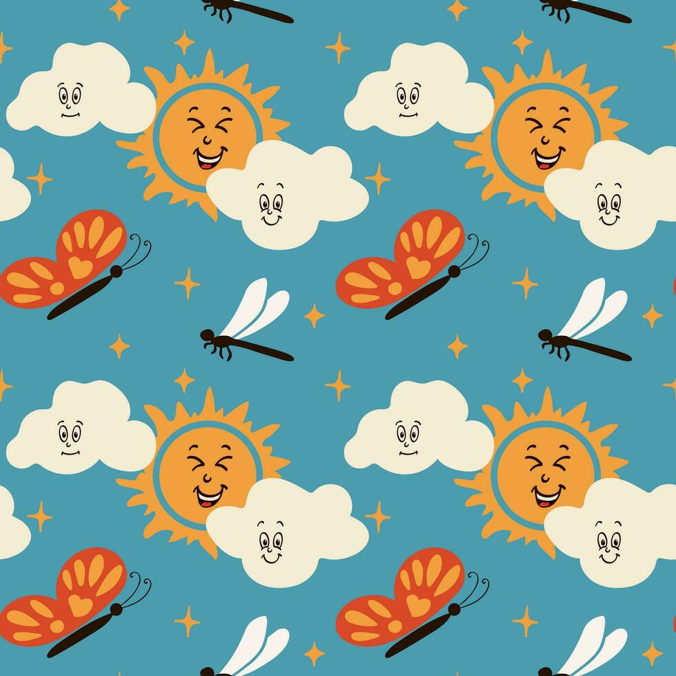 Kids vintage cartoon seamless pattern. Vector groovy characters sun, clouds, butterfly and dragonfly on blue background. Perfect for decoration, background, kids textile, wrapping