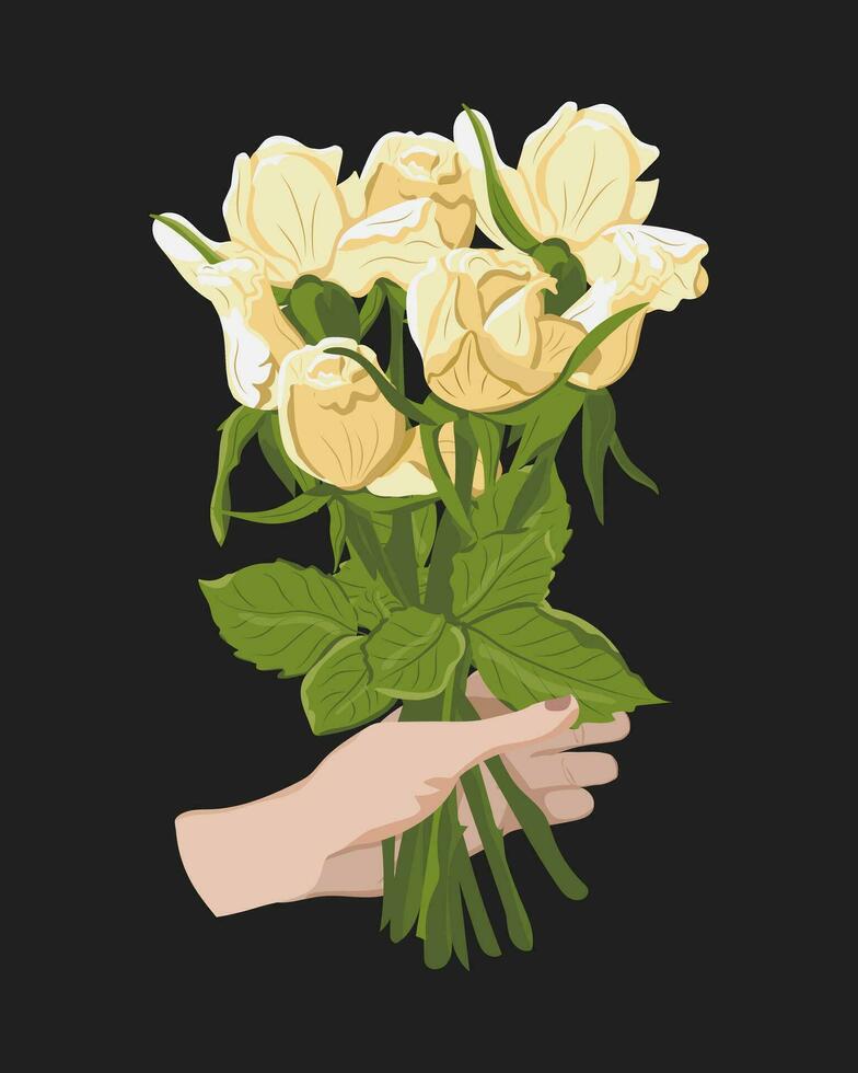 White flat hand with bunch of white roses on dark background. From personal point of view. Greeting or celebration. Dark theme. Vector flat isolated composition. POV