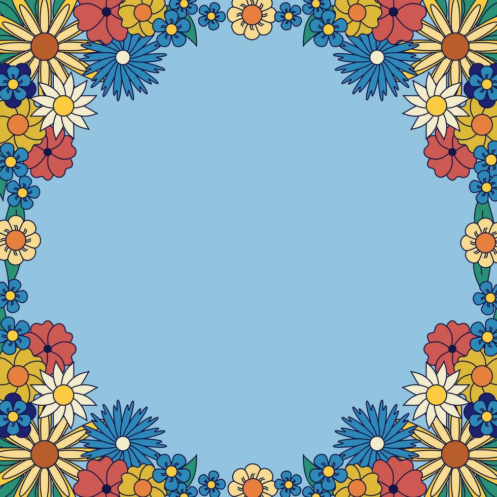 Vector retro cartoon floral frame with fields flowers. Template for wedding invitation, greeting cards. Decorative border with outline flowers. Illustration with text space on blue background