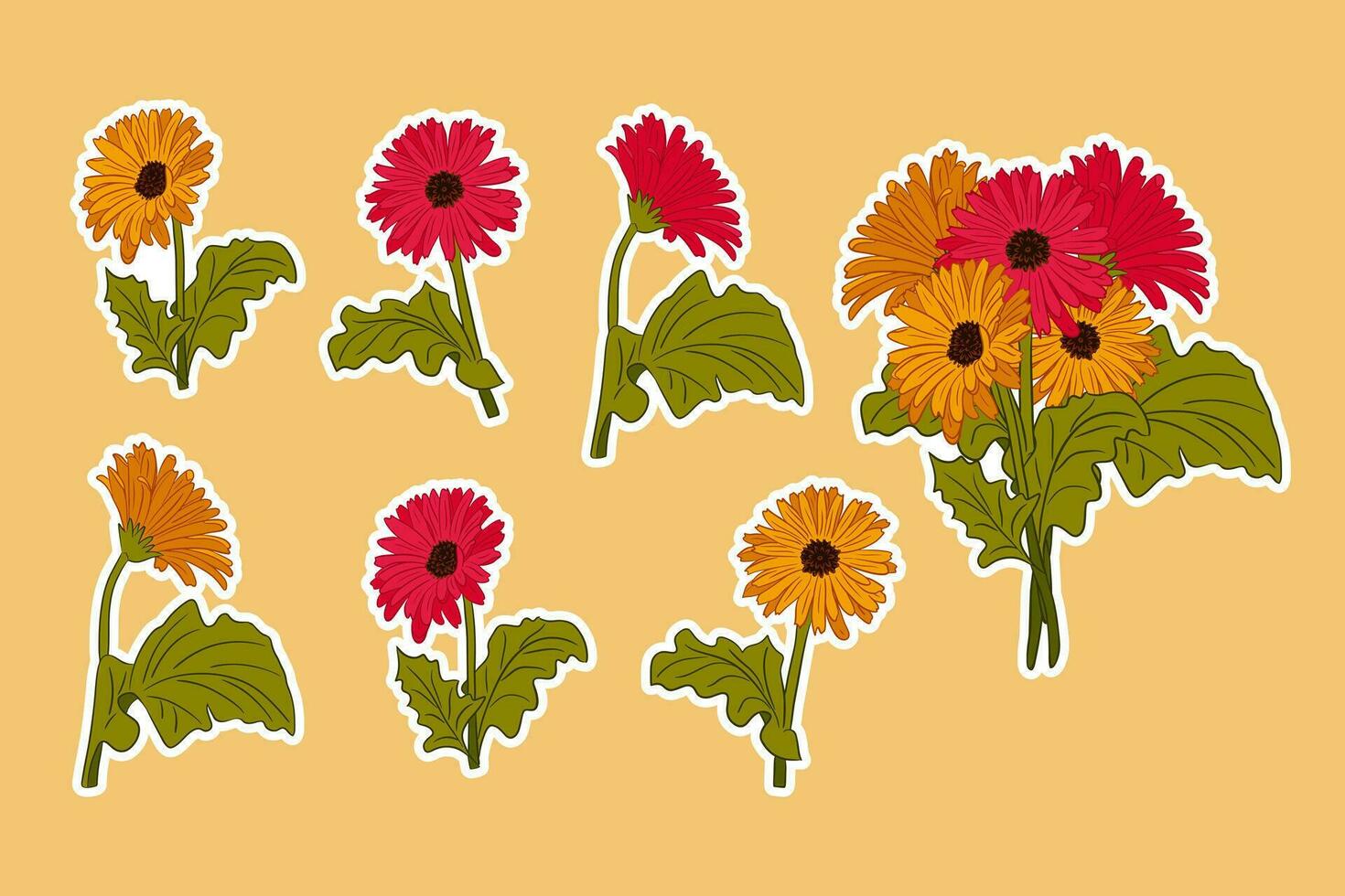 pegatina conjunto de mano dibujado floreciente gerberas y ramo de flores de a ellos. vector plano aislado gerberas margarita flores con hojas en amarillo antecedentes. Perfecto para pegatinas, decoración