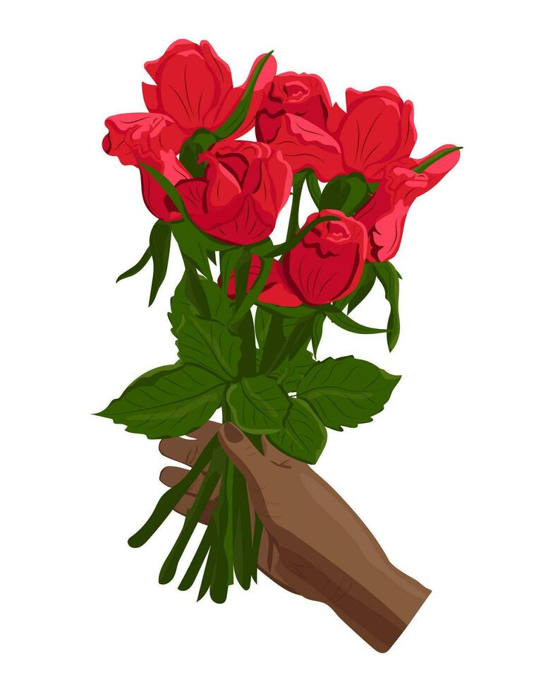 Black flat hand with bouquet of red roses. Vector flat isolated illustration on white background. From the personal point of view. Greeting or celebration concept