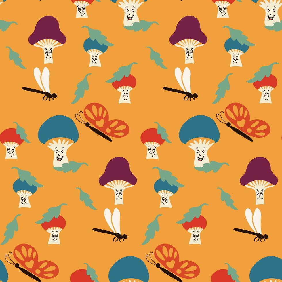 Kids seamless pattern with cartoon mushrooms on orange background. Vintage groovy elements mushrooms, dragonflies, butterflies in minimalistic style with facial expression. Perfect for kids textile vector