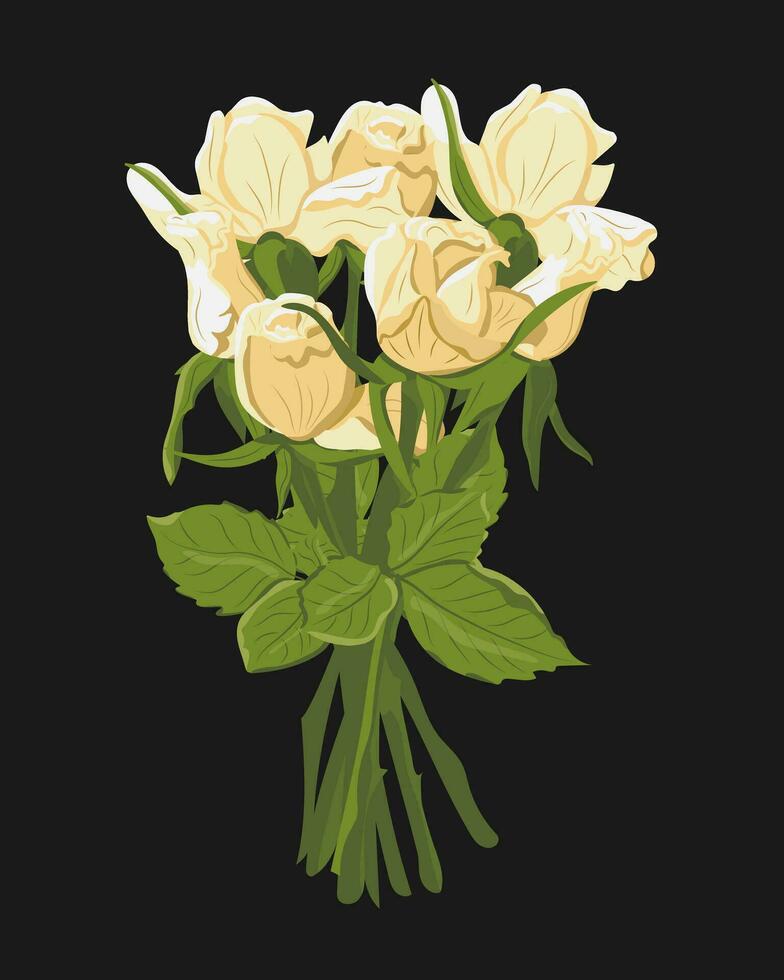 Falt white hand drawn roses bouquet on dark background. Floral flat vector isolated illustration. Dark theme. Botany composition for greeting card, invitation, background or banner.