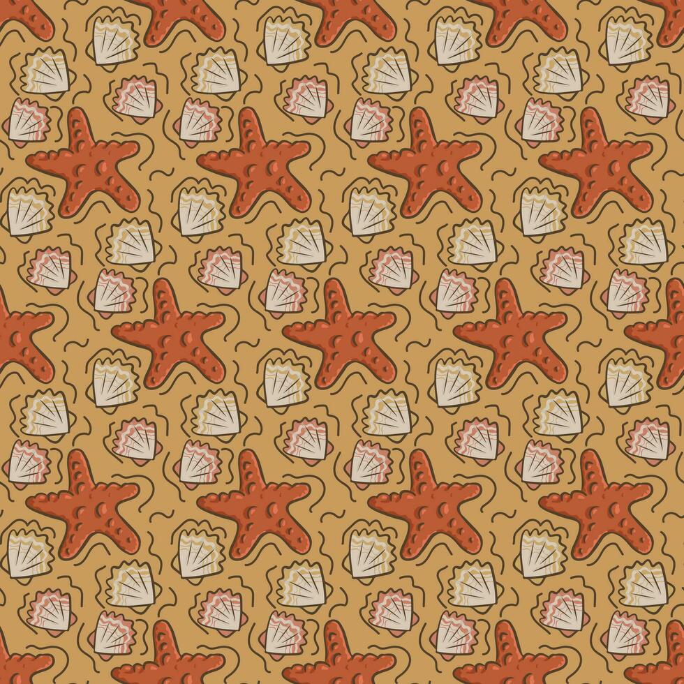 Seashell and starfish cartoon seamless pattern. Flat vector outline oceanic or marine elements on sand background. Ideal for kids textile, wallpaper, wrapping, background, interior decor.