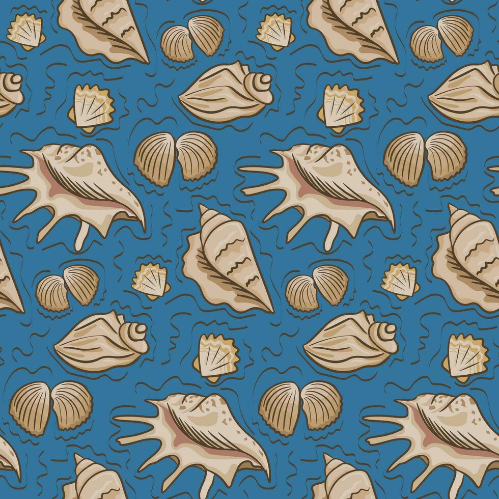 Seamless pattern with different kind of seashells. Outline vector flat oceanic or marine shells on blue background. Suitable for kids textile, wallpaper, wrapping, background, interior decoration