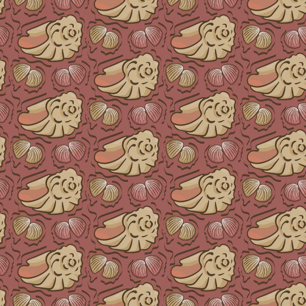 sin costura modelo con dibujos animados conchas marinas plano vector contorno oceánico o marina conchas en profundo rosado antecedentes. ideal para niños textil, fondo de pantalla, envase, fondo, interior decoración