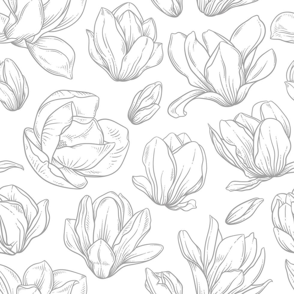 Seamless pattern with blooming magnolia flowers in sketch style. vector