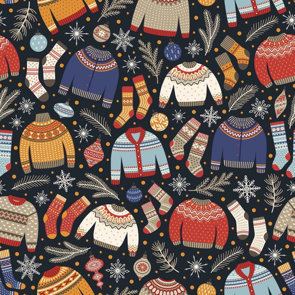 Christmas background with cozy warm clothes, vector