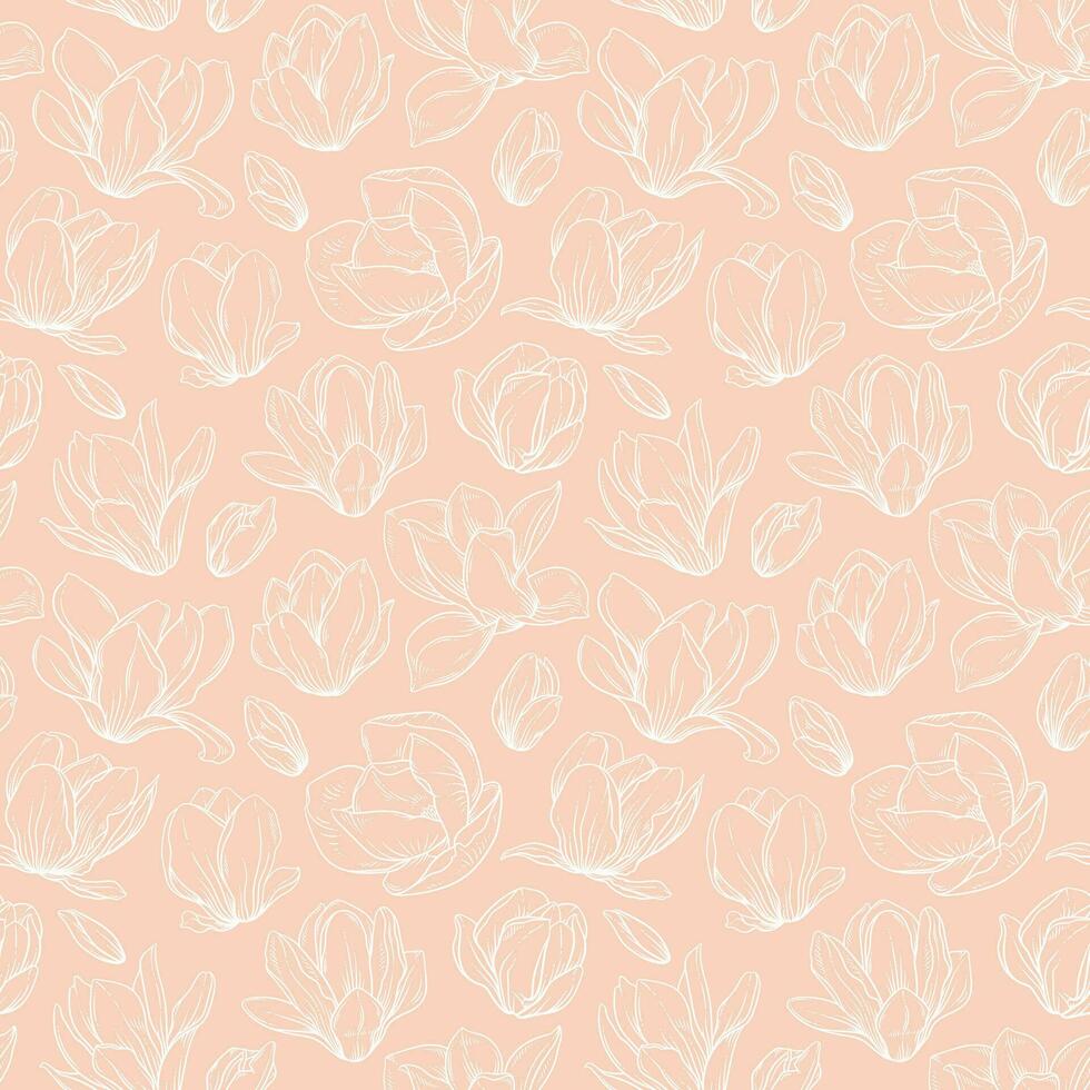 Seamless pattern with blooming magnolia flowers in sketch style. vector