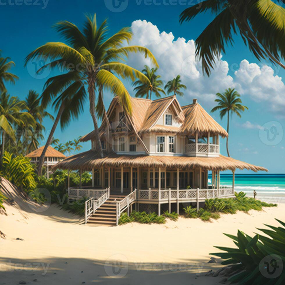 A picturesque beach scene with swaying palm trees and a charming house nestled among them photo