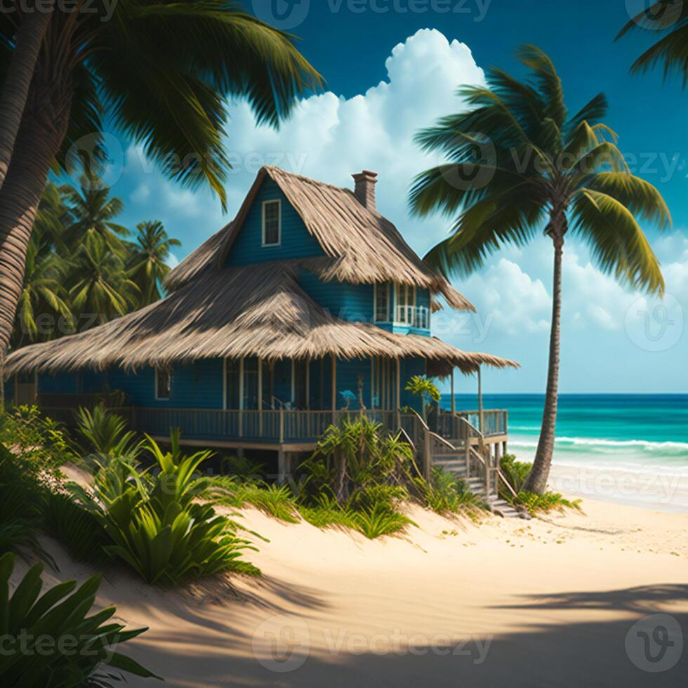 A picturesque beach scene with swaying palm trees and a charming house nestled among them photo