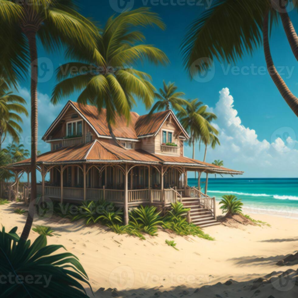 A picturesque beach scene with swaying palm trees and a charming house nestled among them photo