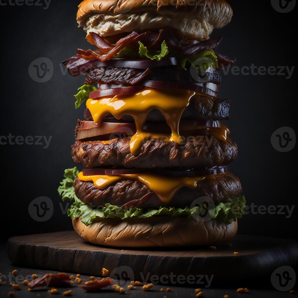 un Agua en la boca gastrónomo hamburguesa con todas el fijaciones ai generado foto