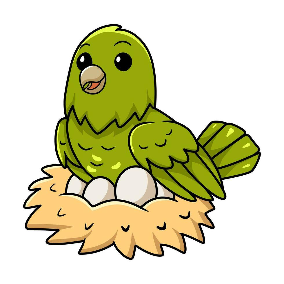 Cute green canary cartoon with eggs in the nest vector