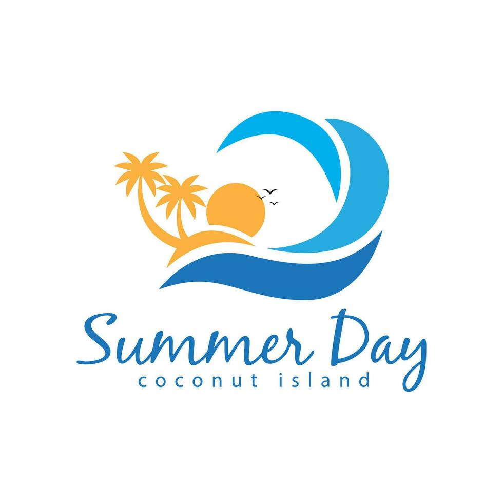 summer day logo beach holiday waves island coconut trees vector icon symbol illustration design