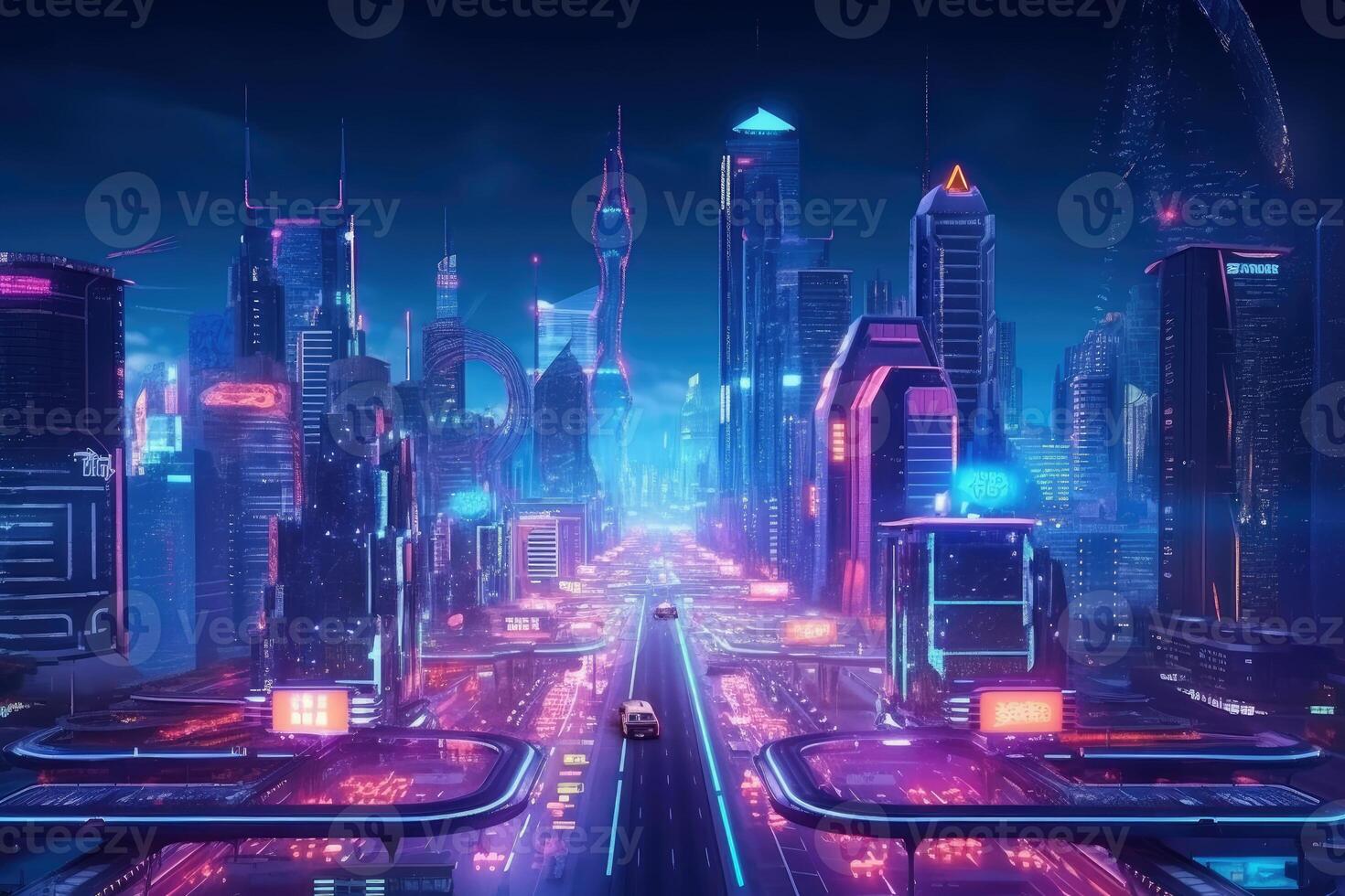 Night scene of smart modern city and skyscrapers town with neon futuristic technology background, future virtual reality, night life concept, building with spotlight, with . photo