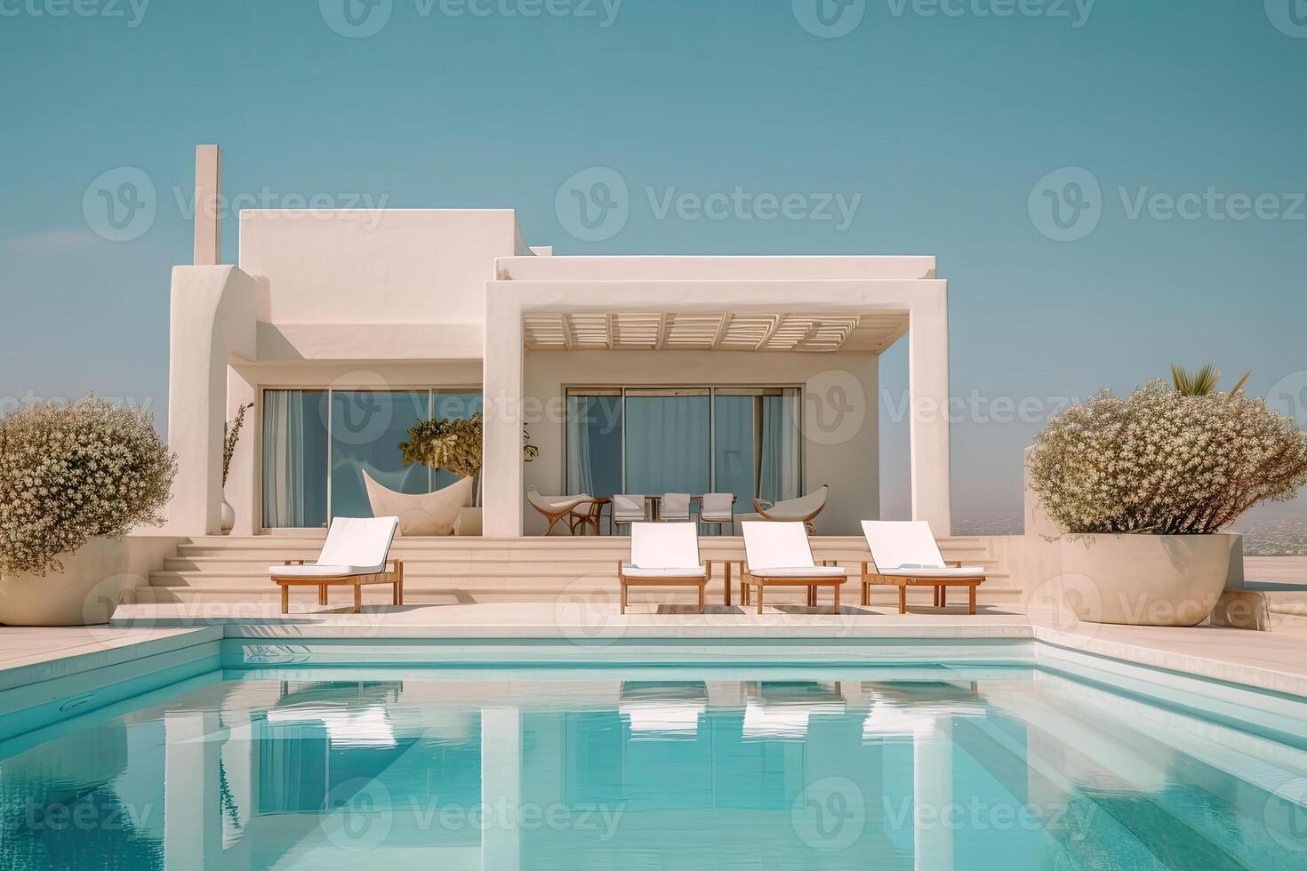 Modern and luxury Hotel lounge building architecture design concept, summer villa house residence and private with swimming pool and sea view, resort with space for sunbathing, with . photo