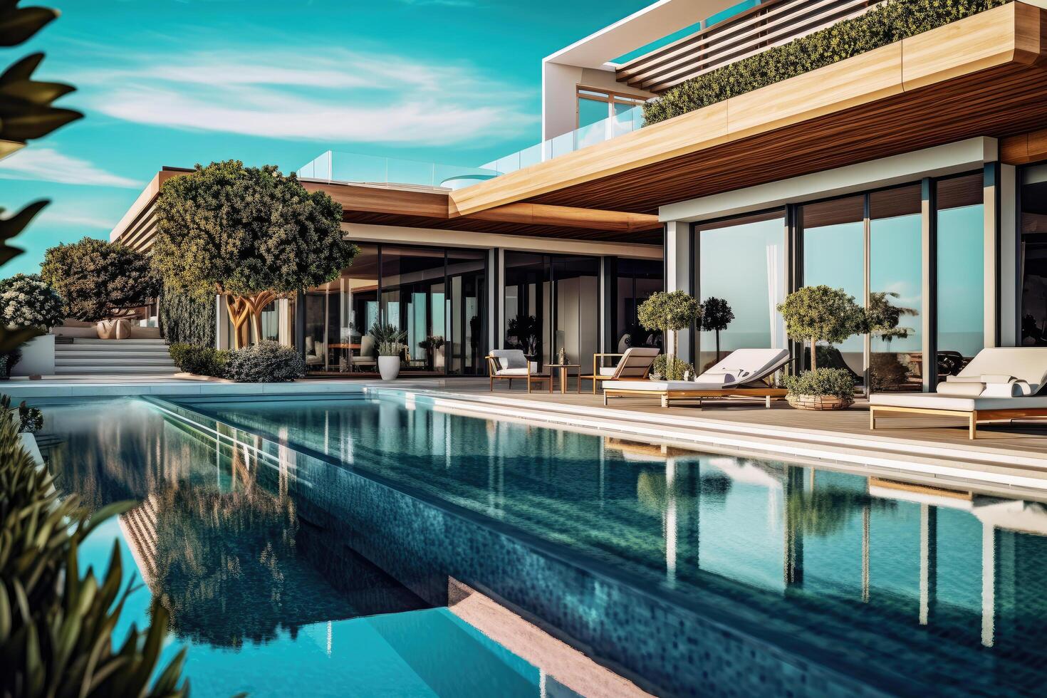 Modern and luxury Hotel lounge building architecture design concept, summer villa house residence and private with swimming pool and sea view, resort with space for sunbathing, with . photo
