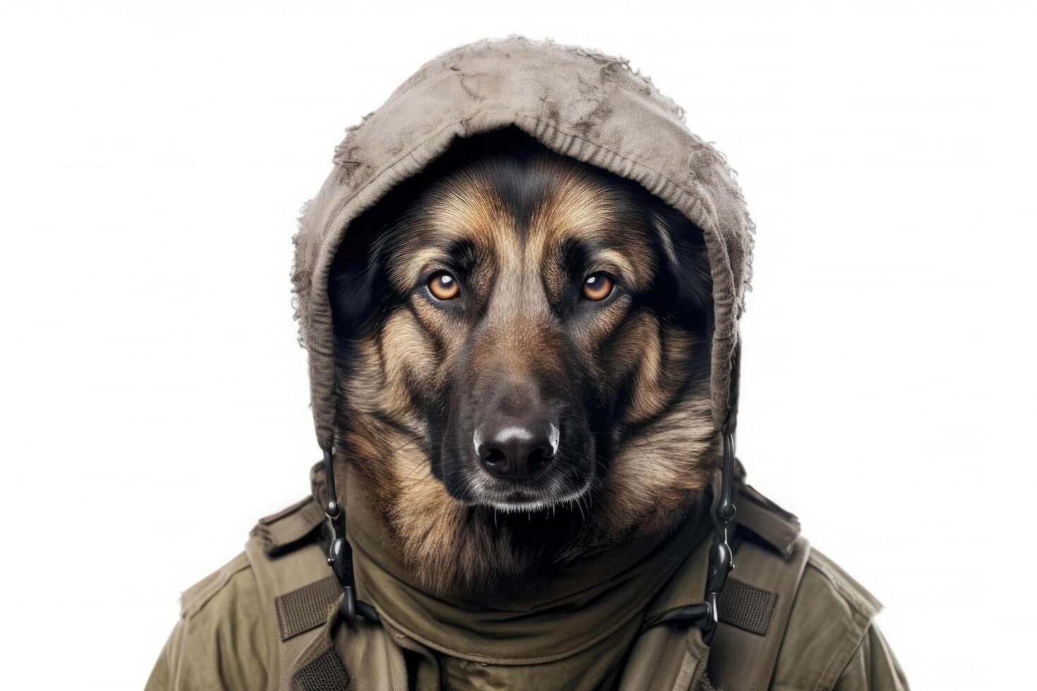 Cute dog German shepherd with soldier costume for military army isolated on white background, funny moment, pet concept, with Generative Ai. photo