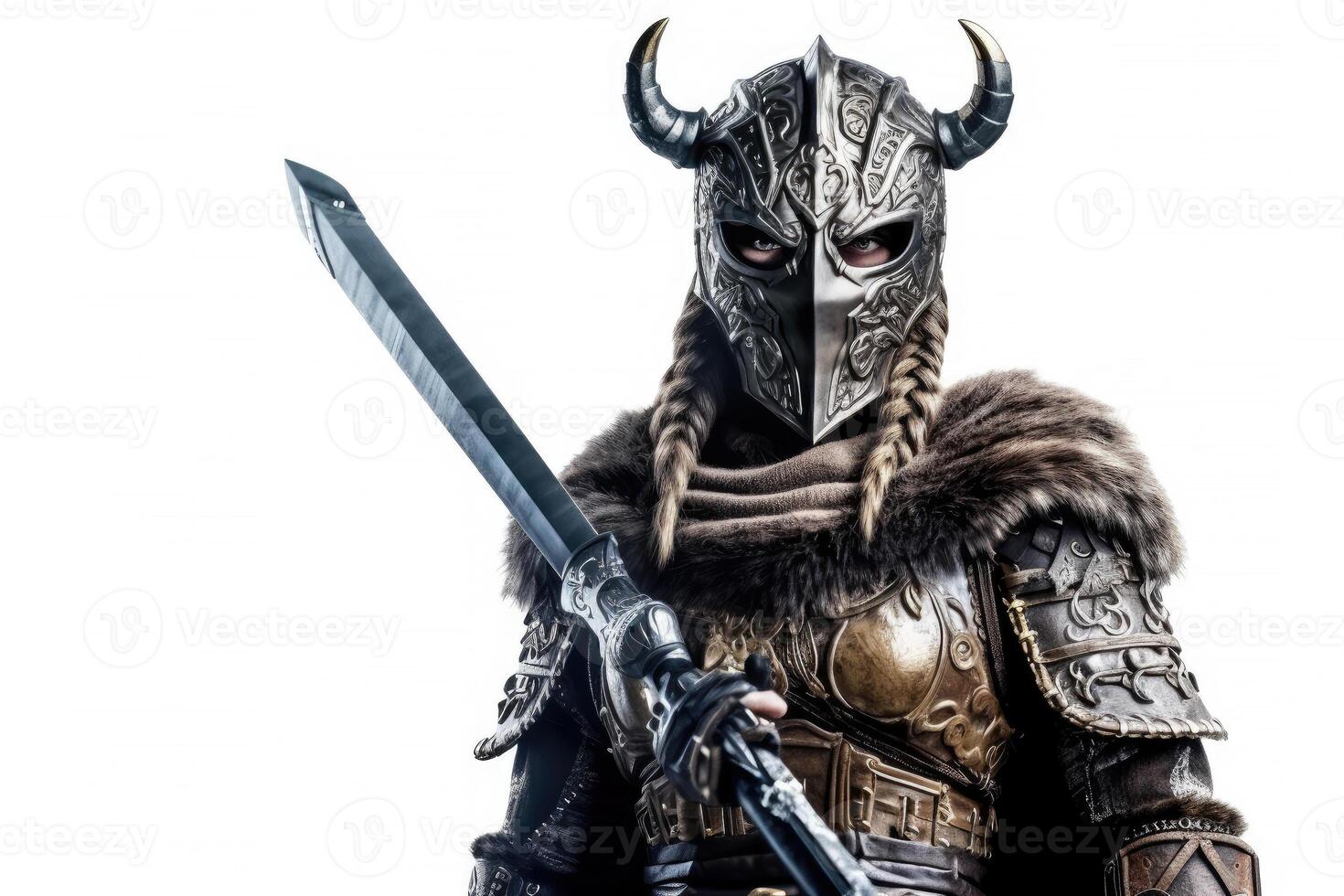 Portrait of medieval Scandinavian or Viking warrior with armor and helmet costume isolated on white background, epic fantasy world, with . photo