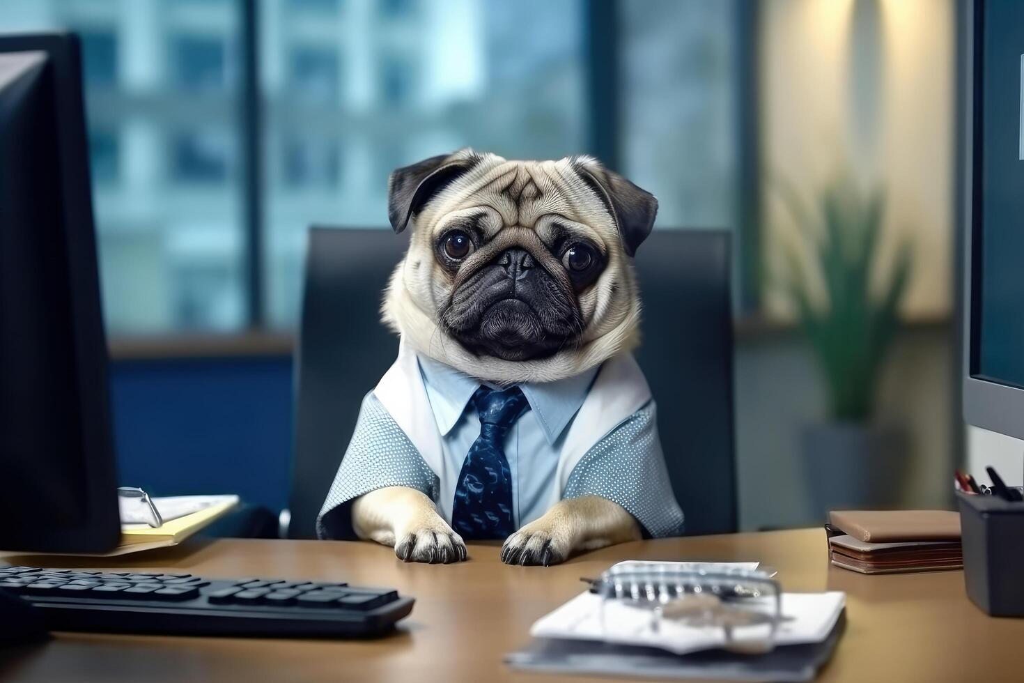 Cute puppy dog working on worktable that mess of documents papers, computer and laptop at office, funny scene, business concept, with . photo