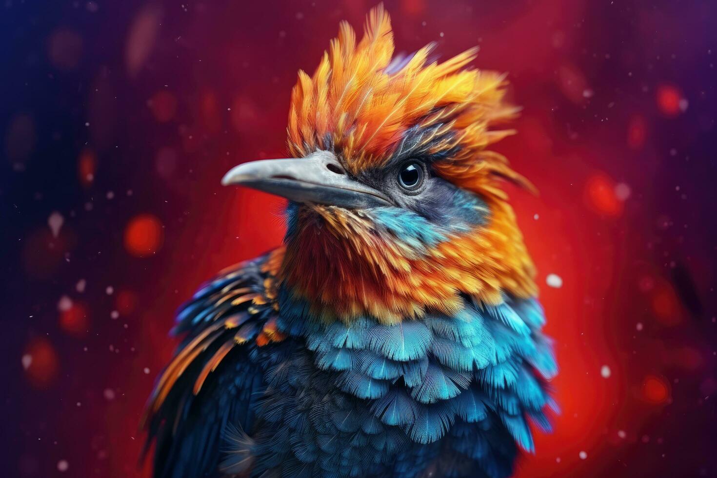 Abstract animal little Bird portrait with multi colored colorful on wings and feathers paint, Vibrant bright gradients tone, with Generative AI. photo