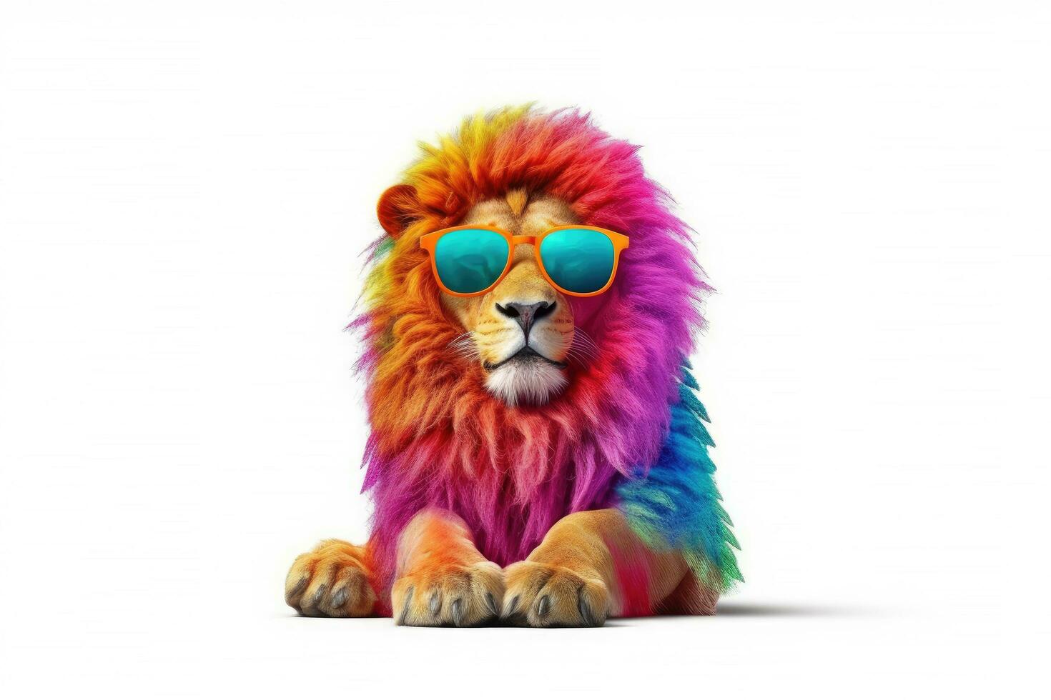 Abstract animal king of Lion portrait with colorful Afro hairs wearing sunglasses in Hawaii dress theme isolated on white background, Vibrant bright, with Generative AI. photo