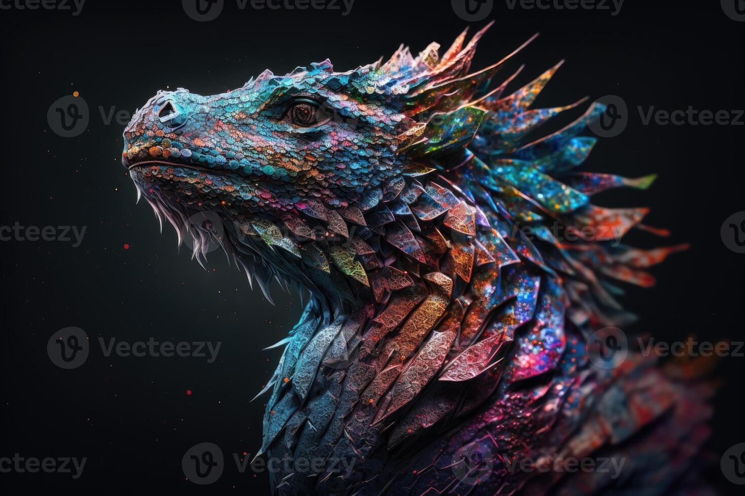 Abstract animal Ancient Dragon portrait with multi colored colorful on scales, skin body and hairs paint, Vibrant bright gradients background, with . photo