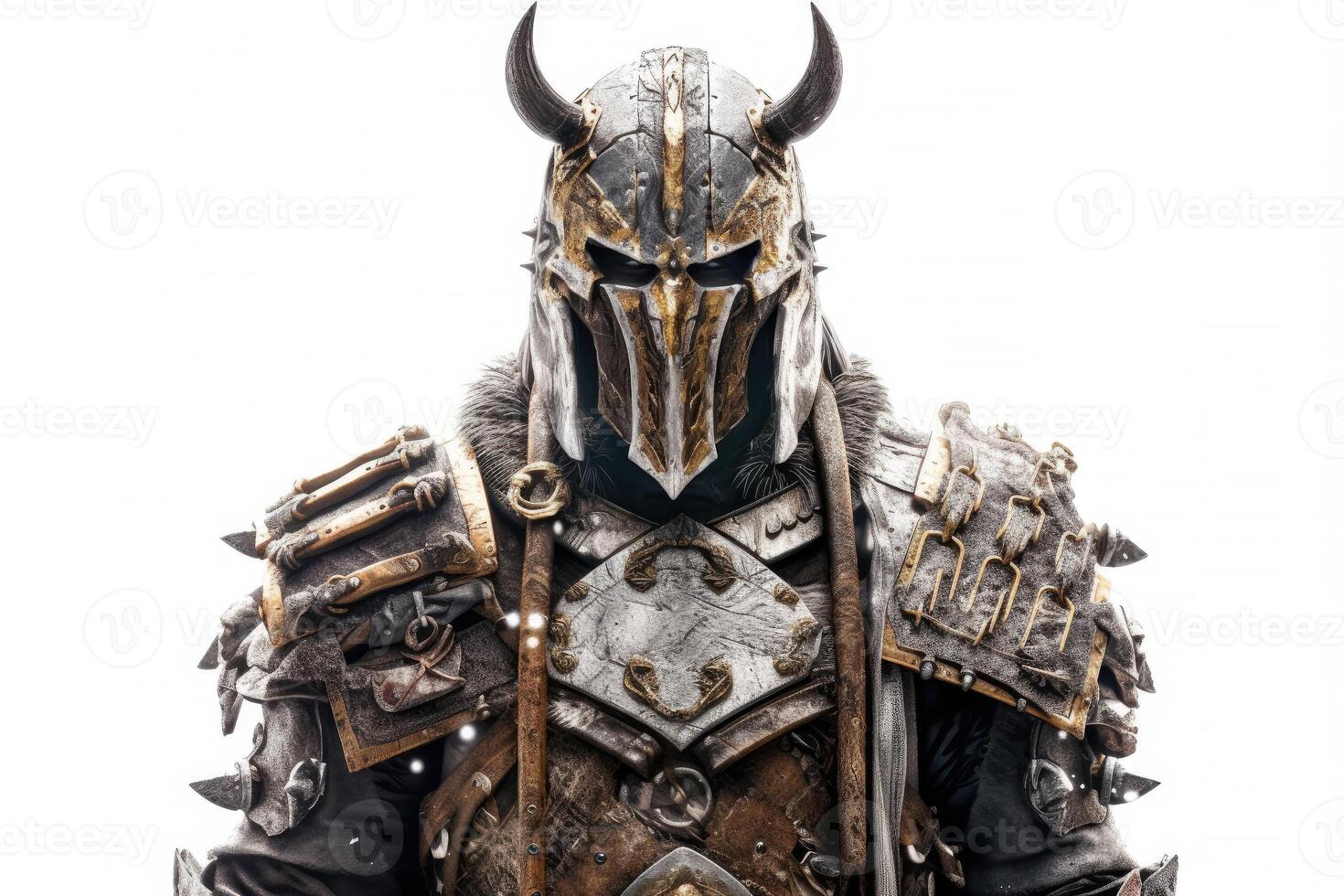 Portrait of medieval Scandinavian or Viking warrior with armor and helmet costume isolated on white background, epic fantasy world, with . photo