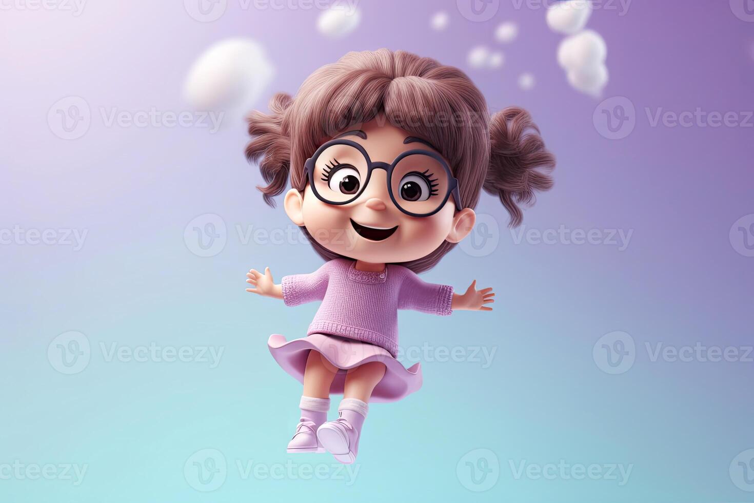Cute kawaii portrait young or little girl wearing glasses and casual dress that jumping on the air with smile and happiness, floating in colorful background, minimal style, with . photo
