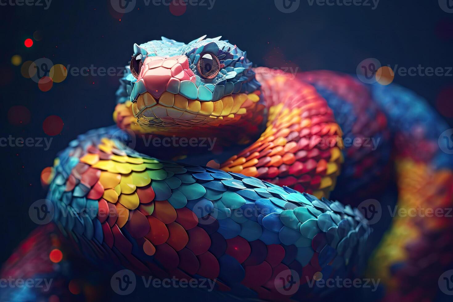 Abstract animal Viper snake portrait with colorful paint on skin and scales, Bright color, gradient background, with . photo