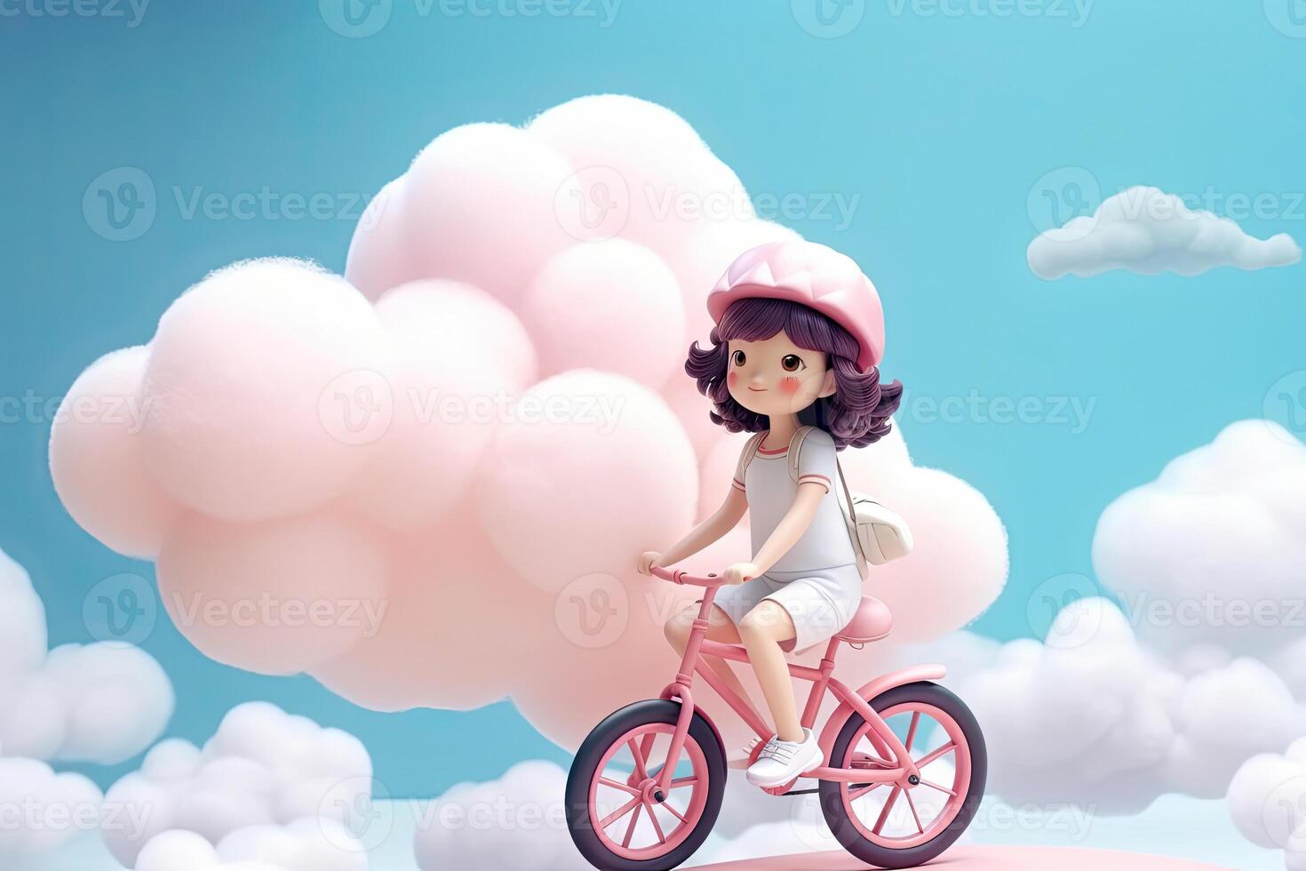 Cute kawaii portrait young or little girl ride a bicycle on fluffy clouds in the sky, wonderland world, minimal concept, travel in the dream, background, with . photo