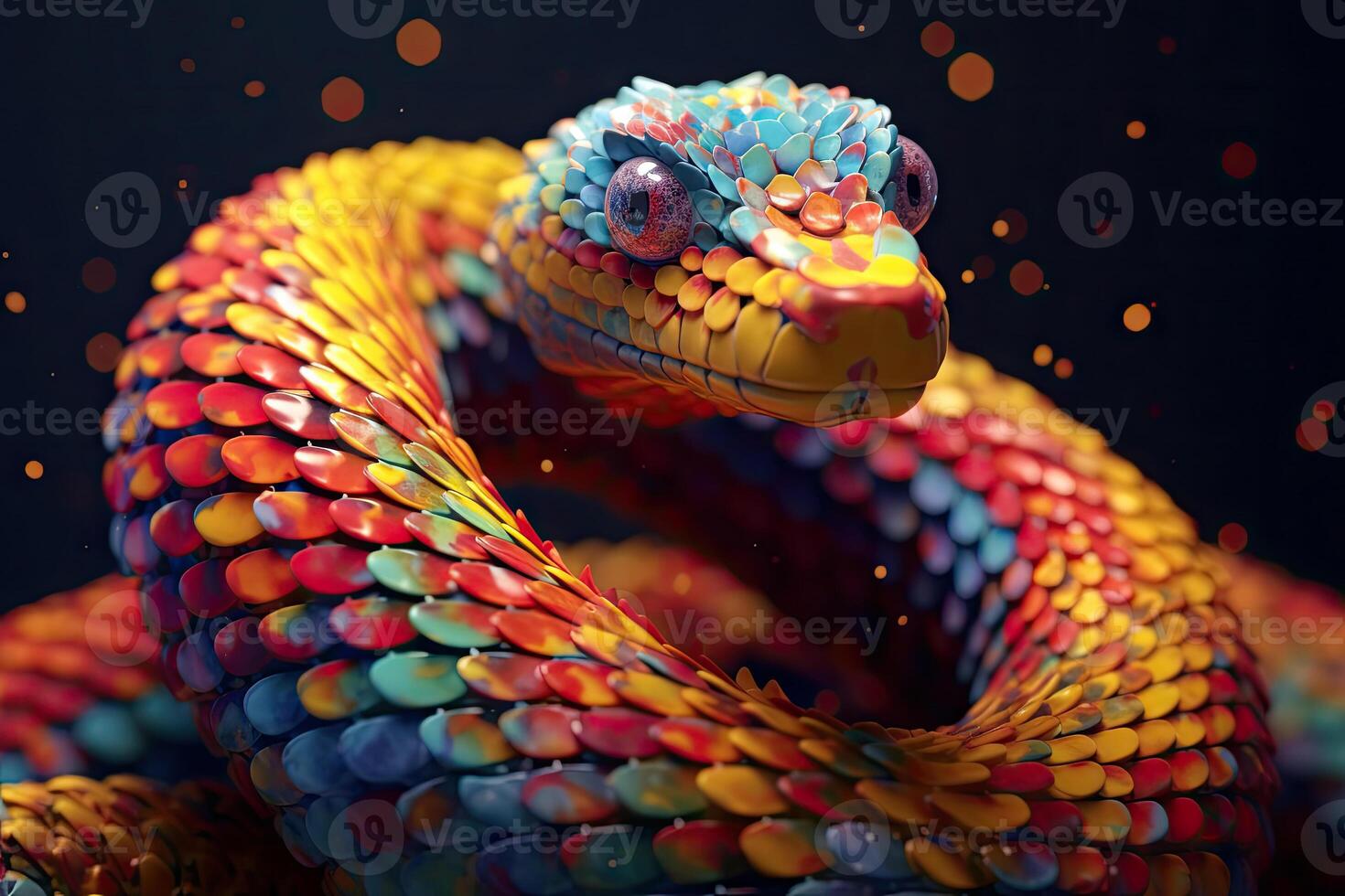 Abstract animal Viper snake portrait with colorful paint on skin and scales, Bright color, gradient background, with . photo