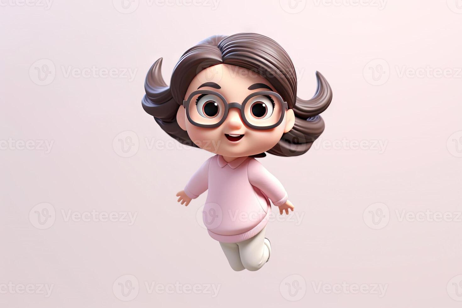 Cute kawaii portrait young or little girl wearing glasses and casual dress that jumping on the air with smile and happiness, floating in colorful background, minimal style, with . photo